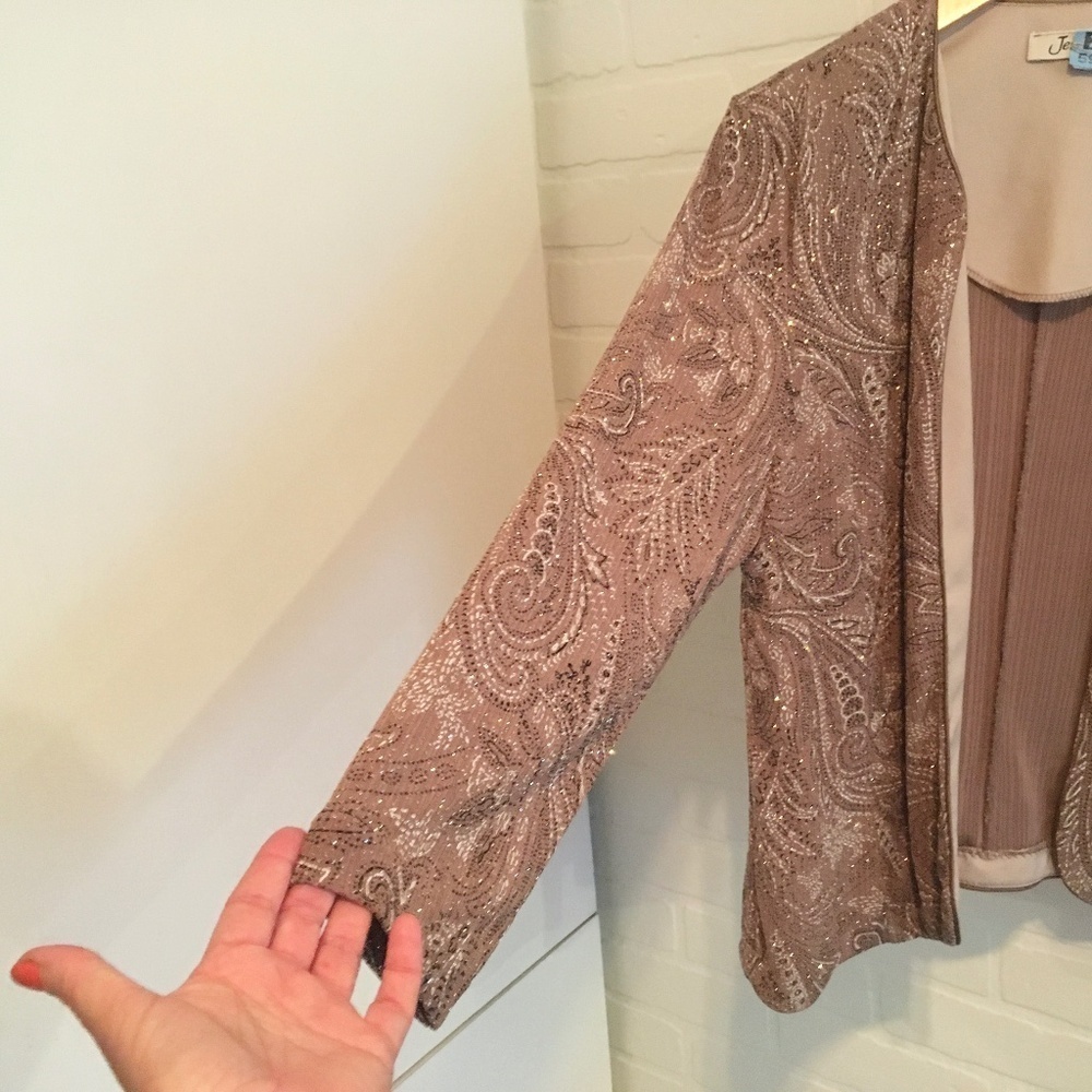 Vintage Formal Cardigan Fairy Bolero Slinky knit Sequin Paisley Taupe Silver L - Picture 4 of 10